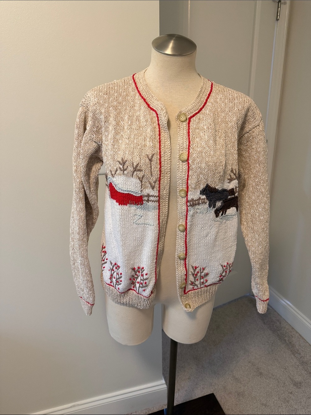 Orvis Beige Knit Cardigan with Red Trim and Winter Motif